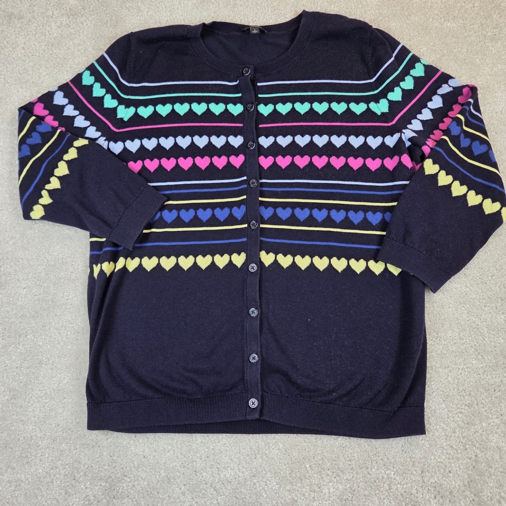 Talbots Navy Blue Rainbow Heart Stripe Cardigan Sweater Womens L